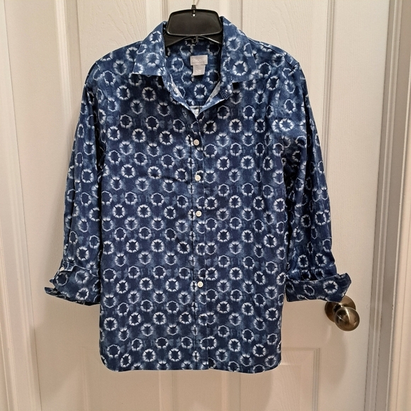 Chico's Blouse Women's Size 8 Chico's Size 1 Blue White Top  Non Iron Button Up - Picture 12 of 13